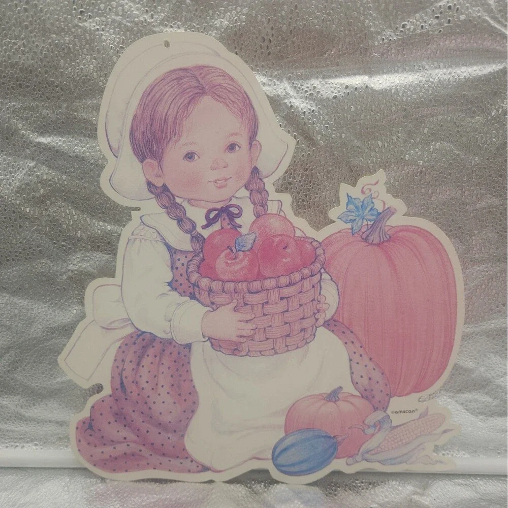 Die Cut Thanksgiving 2 Pilgrim Children VINTAGE Hanging Decoration Amscan 70s